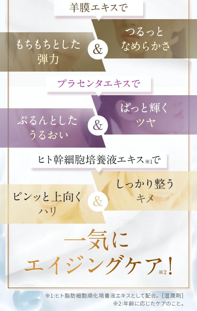 羊膜エキスでもちもちとした弾力・つるっとなめらかさ　プラセンタエキスでぷるんとしたうるおい・ぱっと輝くツヤ